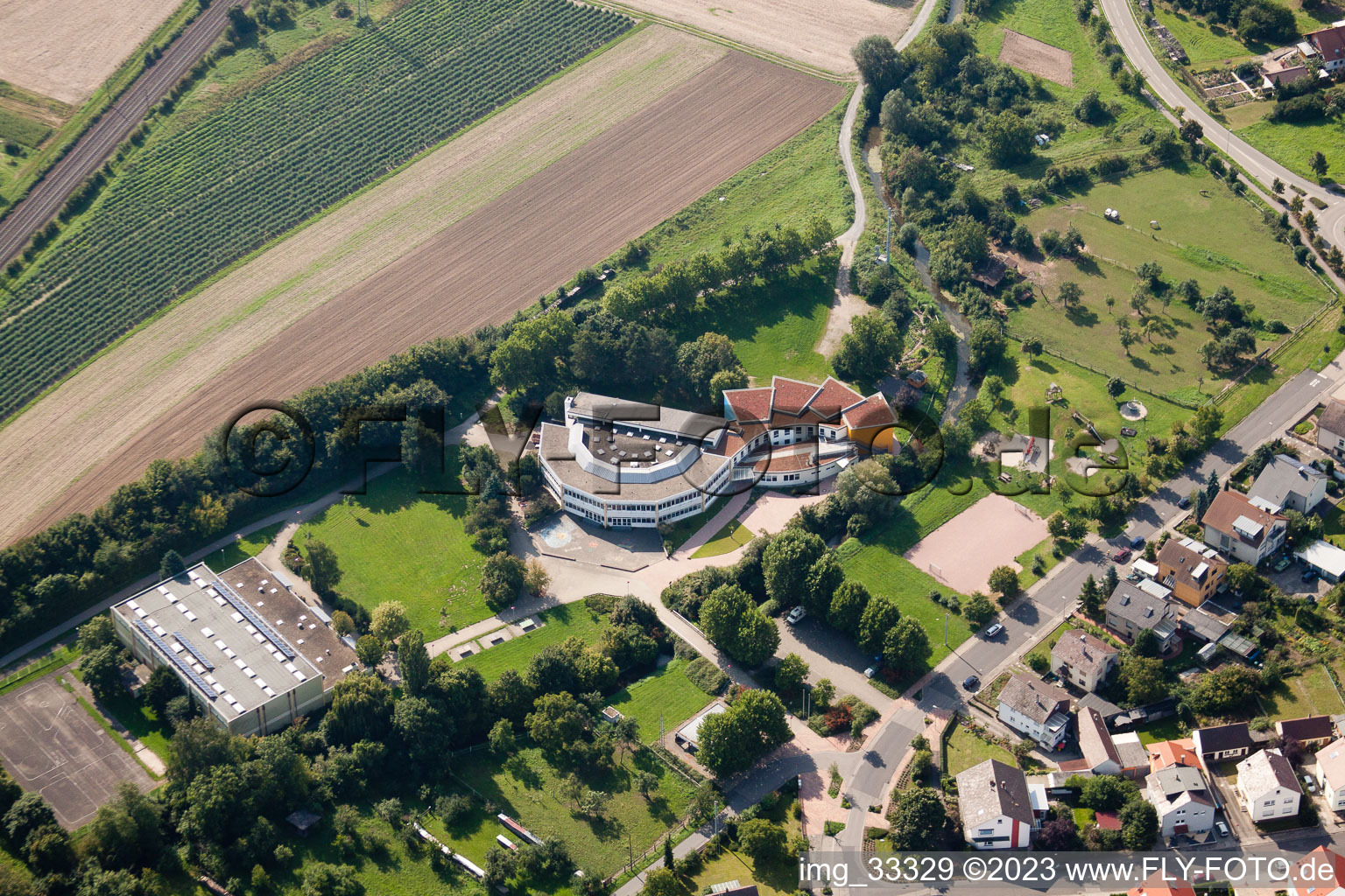 Aerial photograpy of Adolf-Kußmaul School in the district Graben in Graben-Neudorf in the state Baden-Wuerttemberg, Germany