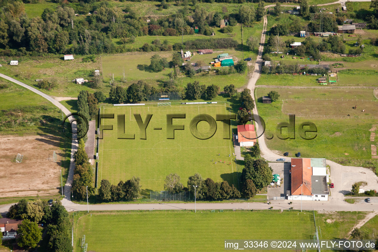 Aerial view of TV 1896 eV, sports fields, Die Olive in the district Spöck in Stutensee in the state Baden-Wuerttemberg, Germany