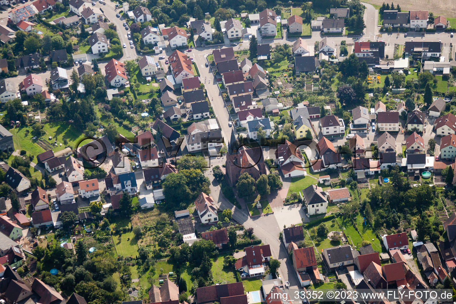 Drone image of District Staffort in Stutensee in the state Baden-Wuerttemberg, Germany