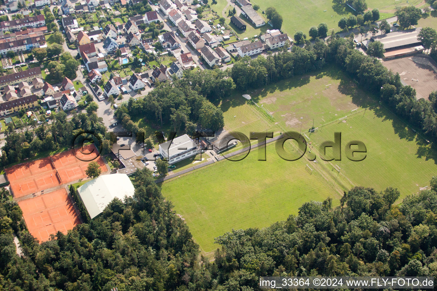 Aerial view of Forest bridge, sports fields in Weingarten in the state Baden-Wuerttemberg, Germany