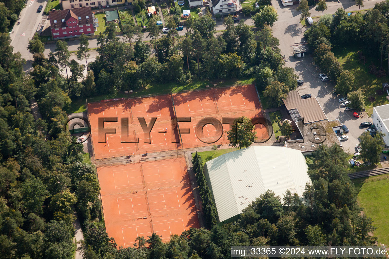 Aerial photograpy of Forest bridge, sports fields in Weingarten in the state Baden-Wuerttemberg, Germany