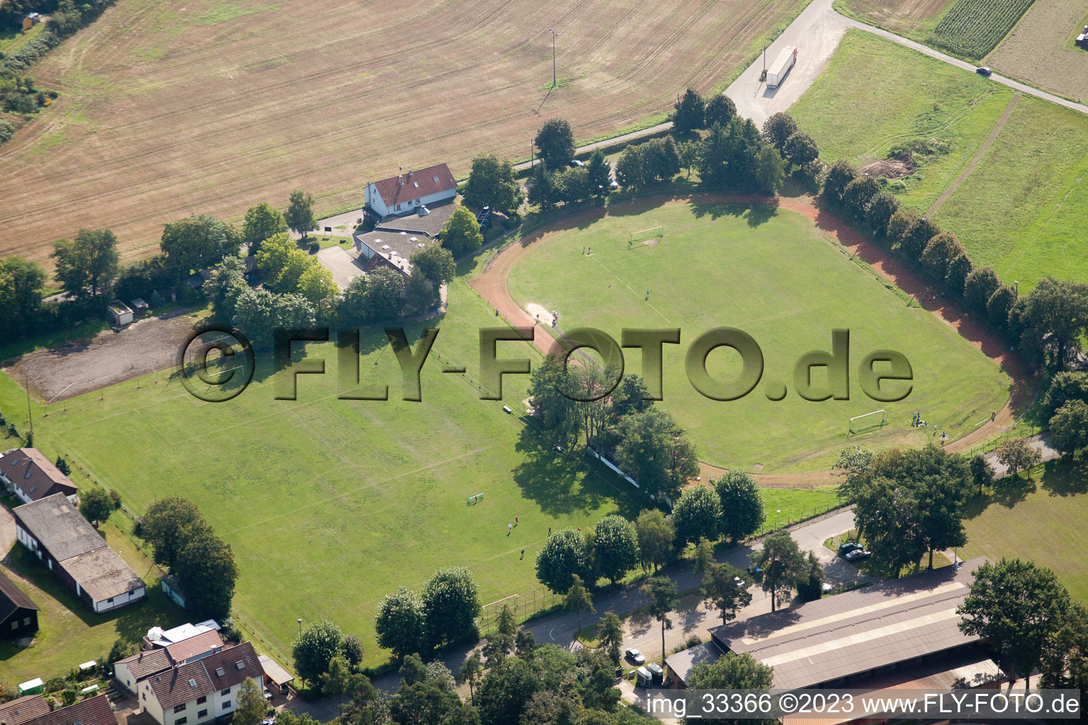 Oblique view of Forest bridge, sports fields in Weingarten in the state Baden-Wuerttemberg, Germany