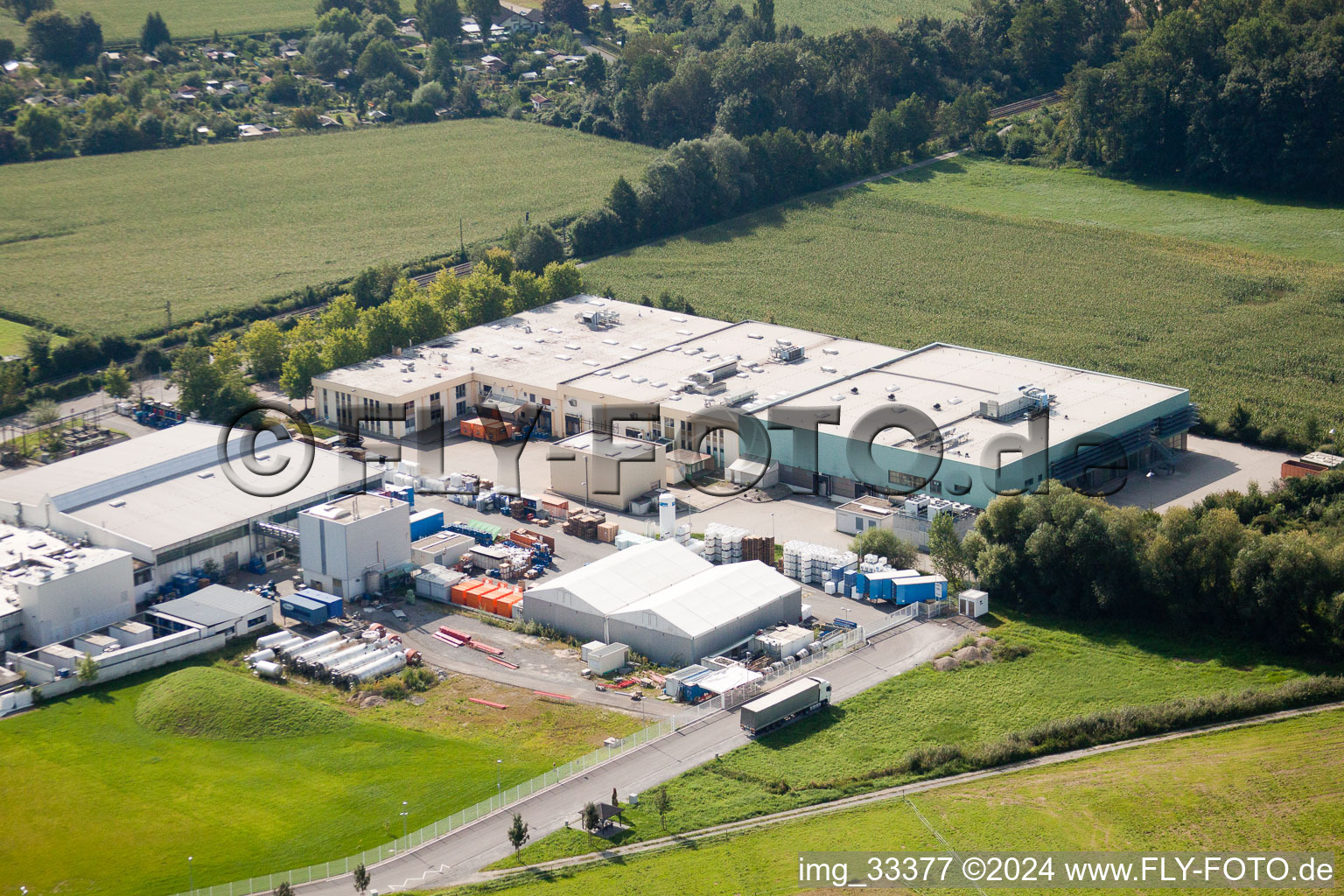 Aerial view of Building and production halls on the premises of the chemical manufacturers KLEBCHEMIE M. G. Becker GmbH & Co. KG in Weingarten in the state Baden-Wurttemberg, Germany