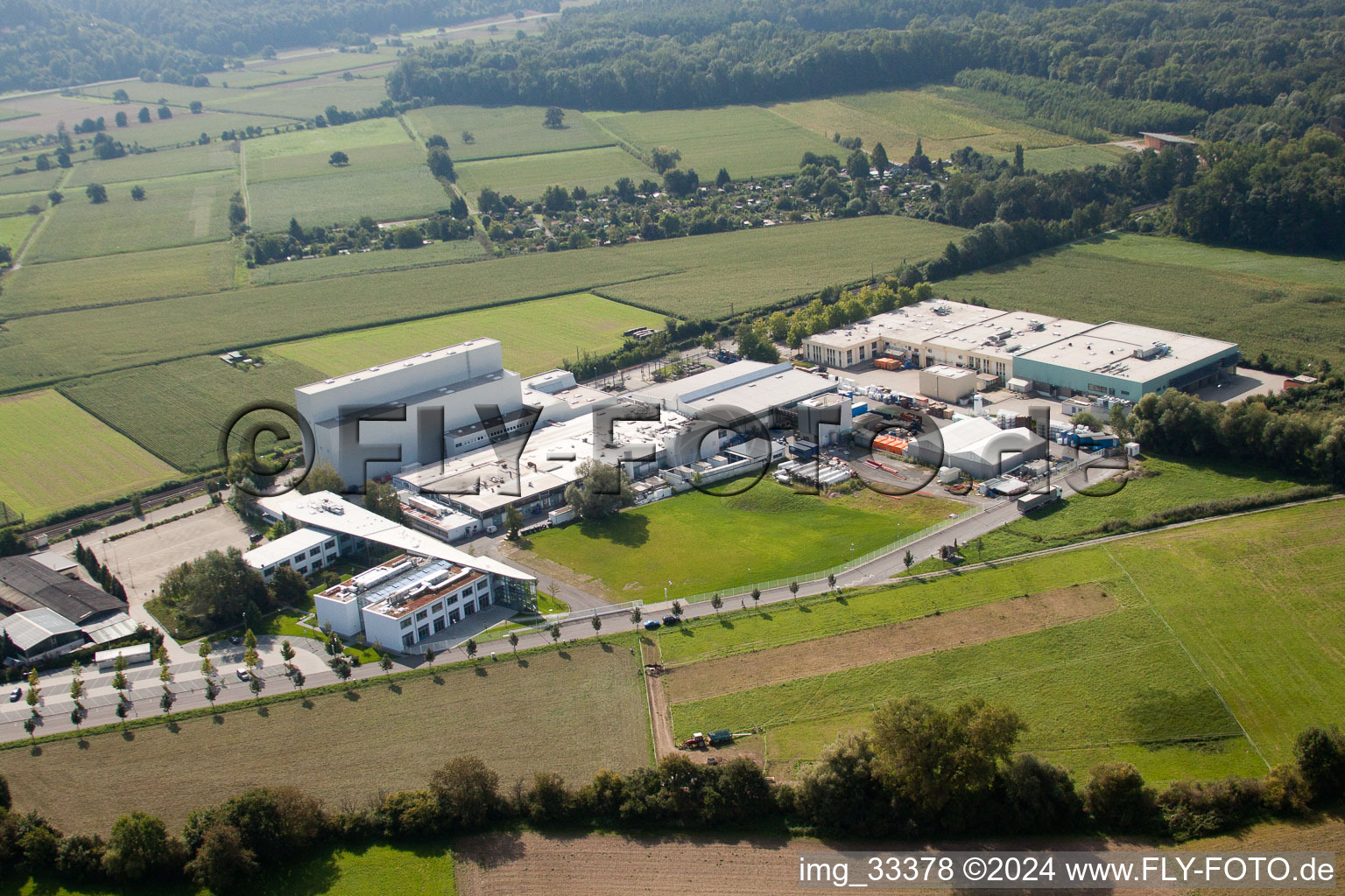 Aerial photograpy of Building and production halls on the premises of the chemical manufacturers KLEBCHEMIE M. G. Becker GmbH & Co. KG in Weingarten in the state Baden-Wurttemberg, Germany