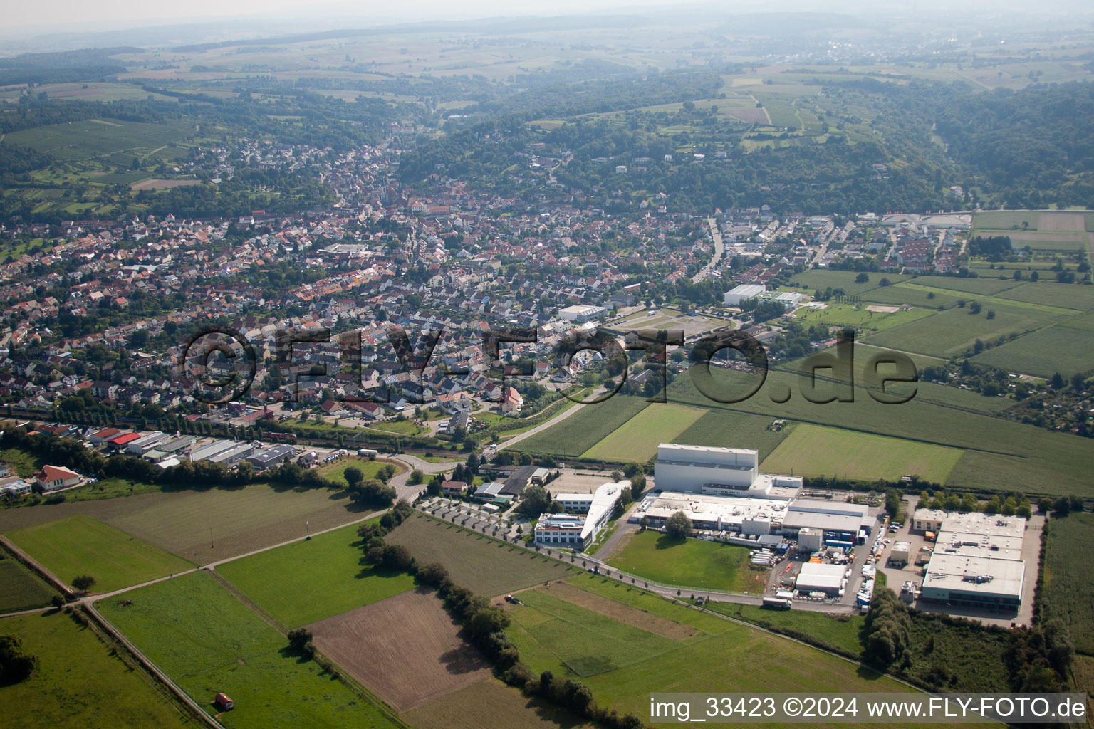 Building and production halls on the premises of the chemical manufacturers KLEBCHEMIE M. G. Becker GmbH & Co. KG in Weingarten in the state Baden-Wurttemberg, Germany seen from above