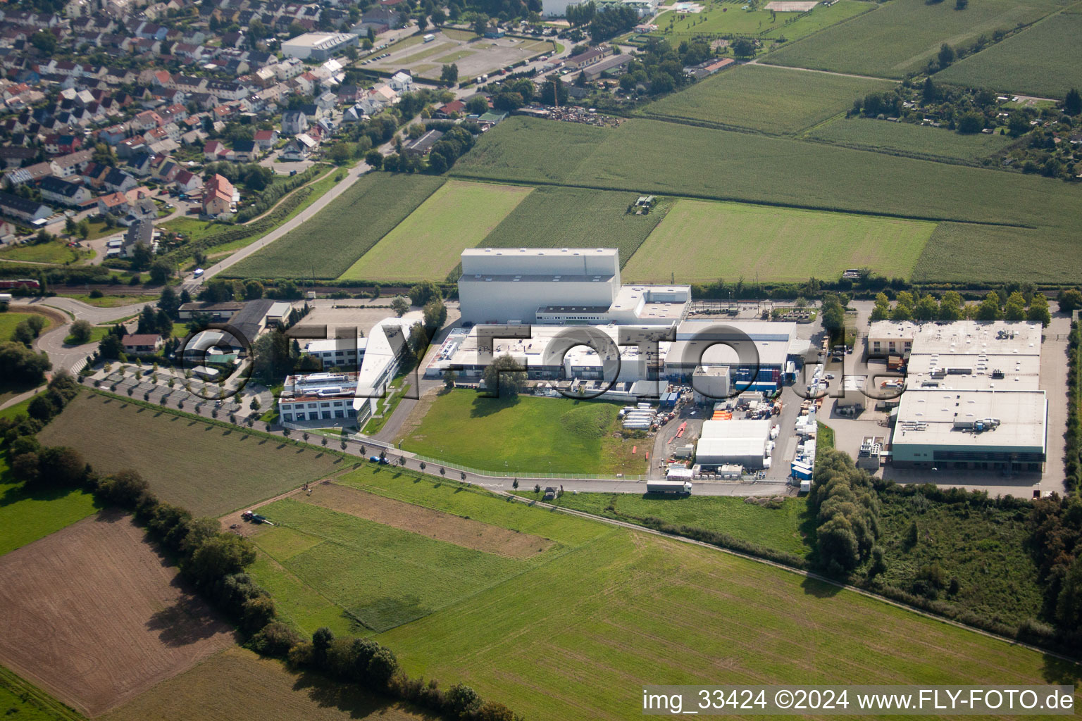 Building and production halls on the premises of the chemical manufacturers KLEBCHEMIE M. G. Becker GmbH & Co. KG in Weingarten in the state Baden-Wurttemberg, Germany from the plane