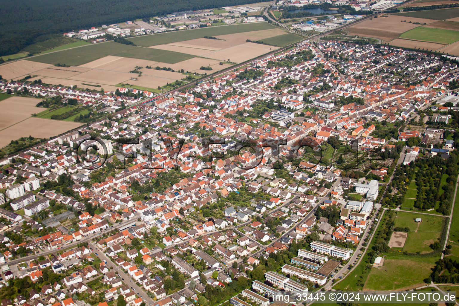 Aerial view of Town View of the streets and houses of the residential areas in the district Blankenloch in Stutensee in the state Baden-Wurttemberg