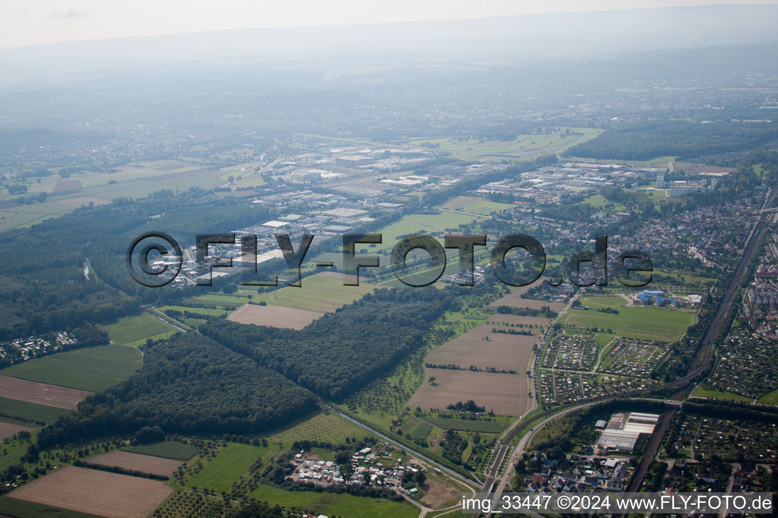 Hagsfeld, industrial area from the north in the district Grötzingen in Karlsruhe in the state Baden-Wuerttemberg, Germany