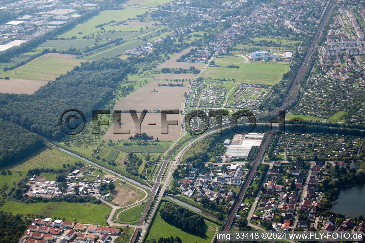 District Hagsfeld in Karlsruhe in the state Baden-Wuerttemberg, Germany from the plane