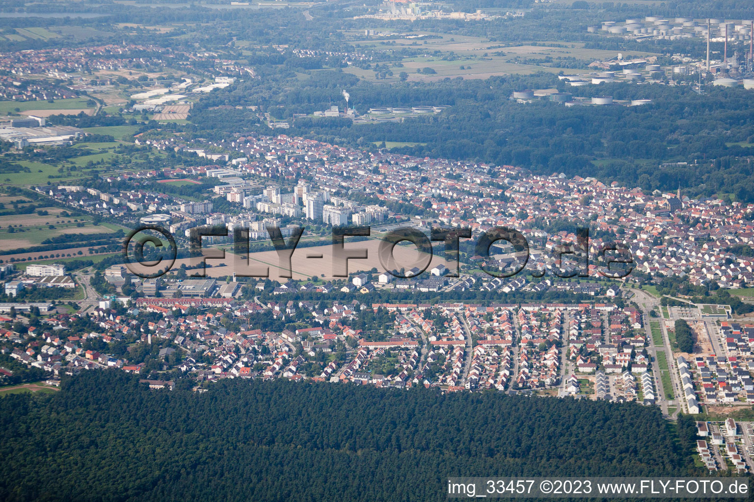 District Neureut in Karlsruhe in the state Baden-Wuerttemberg, Germany from the plane