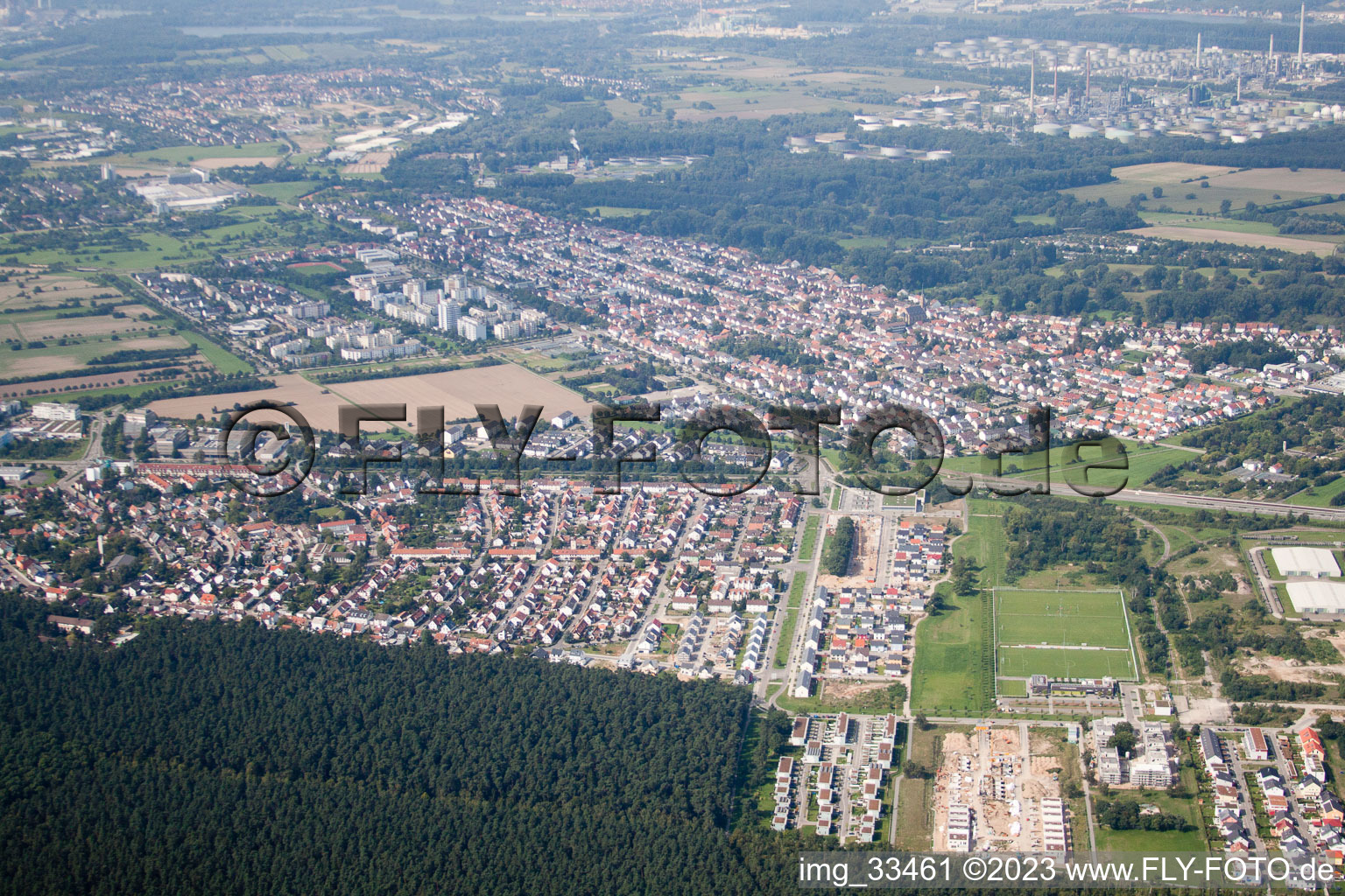 Bird's eye view of District Neureut in Karlsruhe in the state Baden-Wuerttemberg, Germany