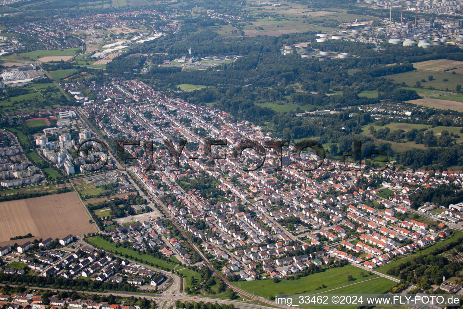 District Neureut in Karlsruhe in the state Baden-Wuerttemberg, Germany viewn from the air