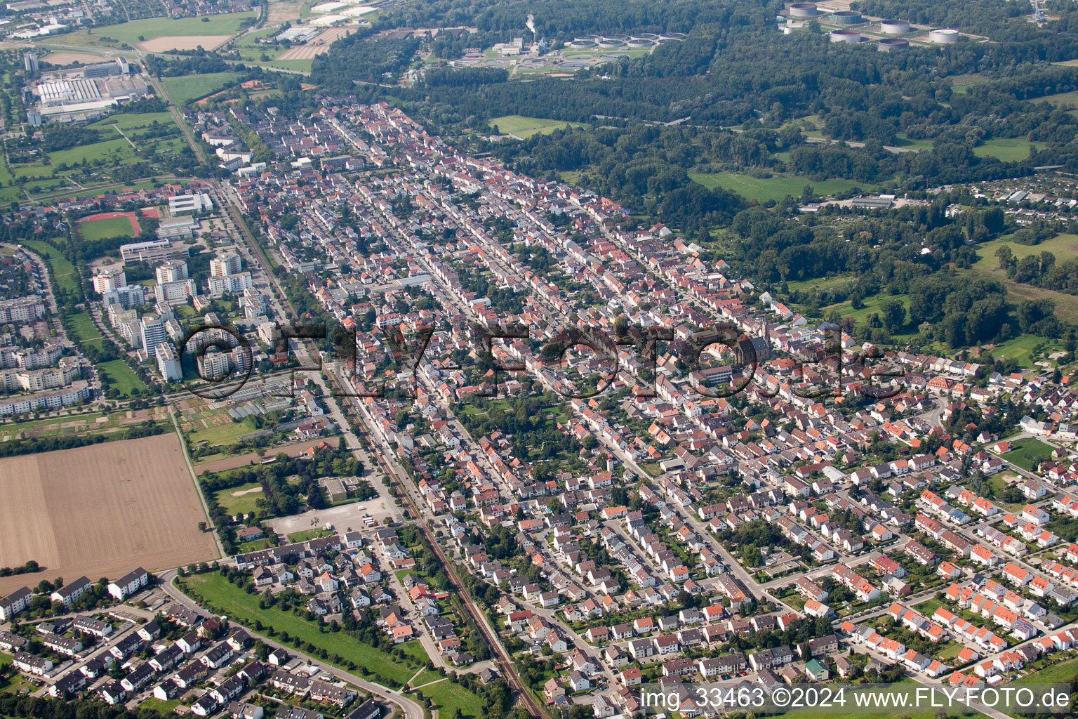 Drone recording of District Neureut in Karlsruhe in the state Baden-Wuerttemberg, Germany