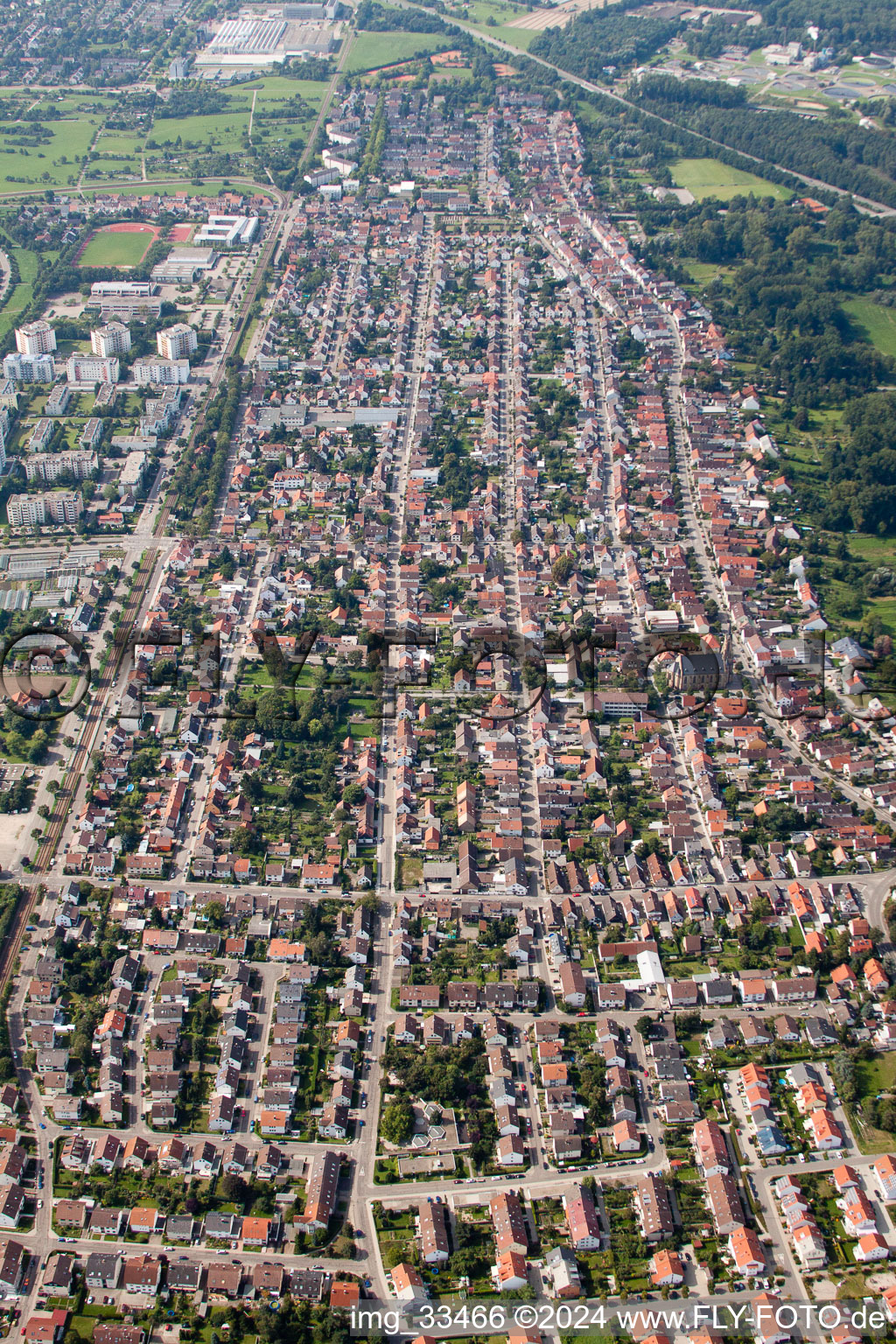 District Neureut in Karlsruhe in the state Baden-Wuerttemberg, Germany from the drone perspective