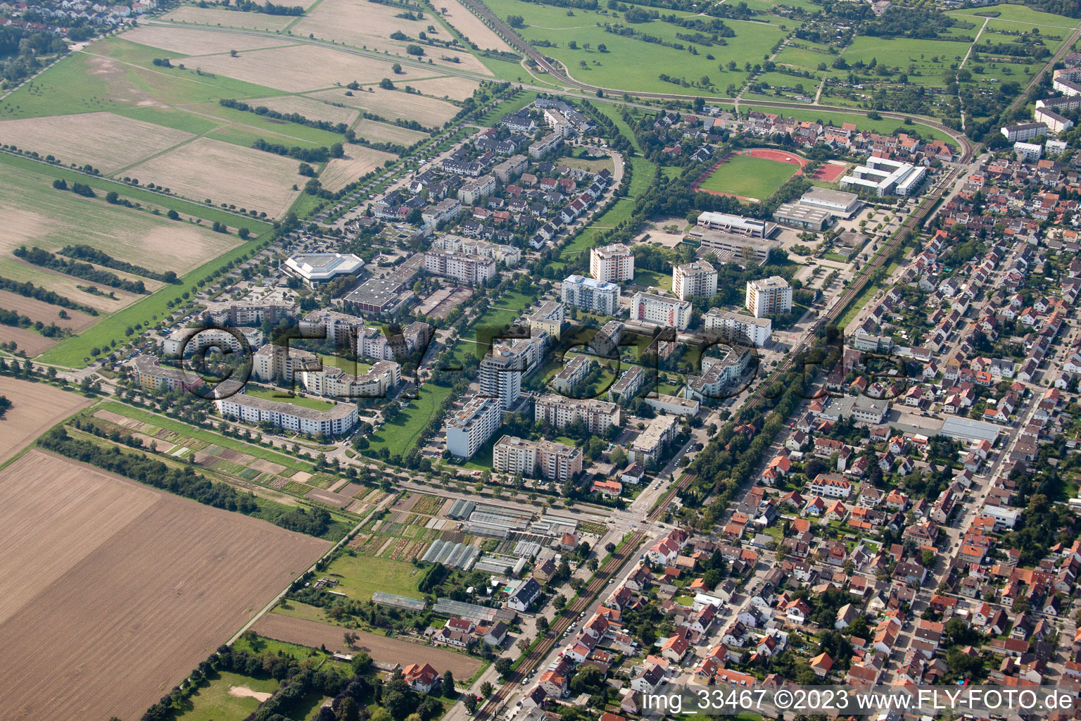 District Neureut in Karlsruhe in the state Baden-Wuerttemberg, Germany from a drone