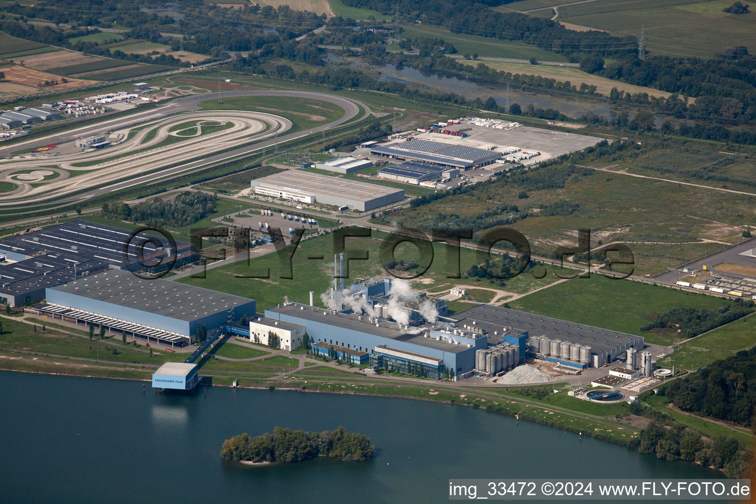 Bird's eye view of Oberwald industrial area, Palm paper mill in Wörth am Rhein in the state Rhineland-Palatinate, Germany