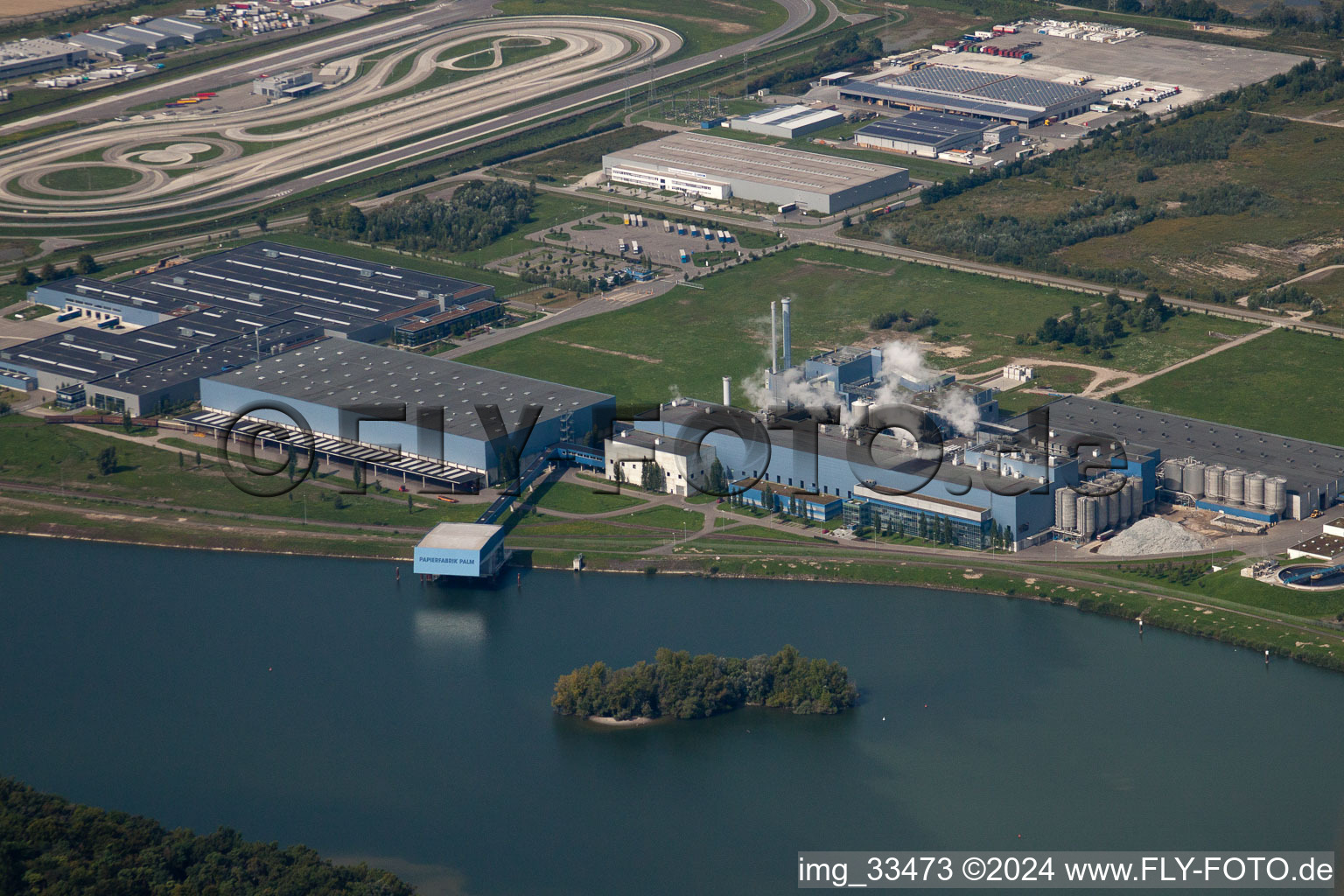 Oberwald industrial area, Palm paper mill in Wörth am Rhein in the state Rhineland-Palatinate, Germany viewn from the air