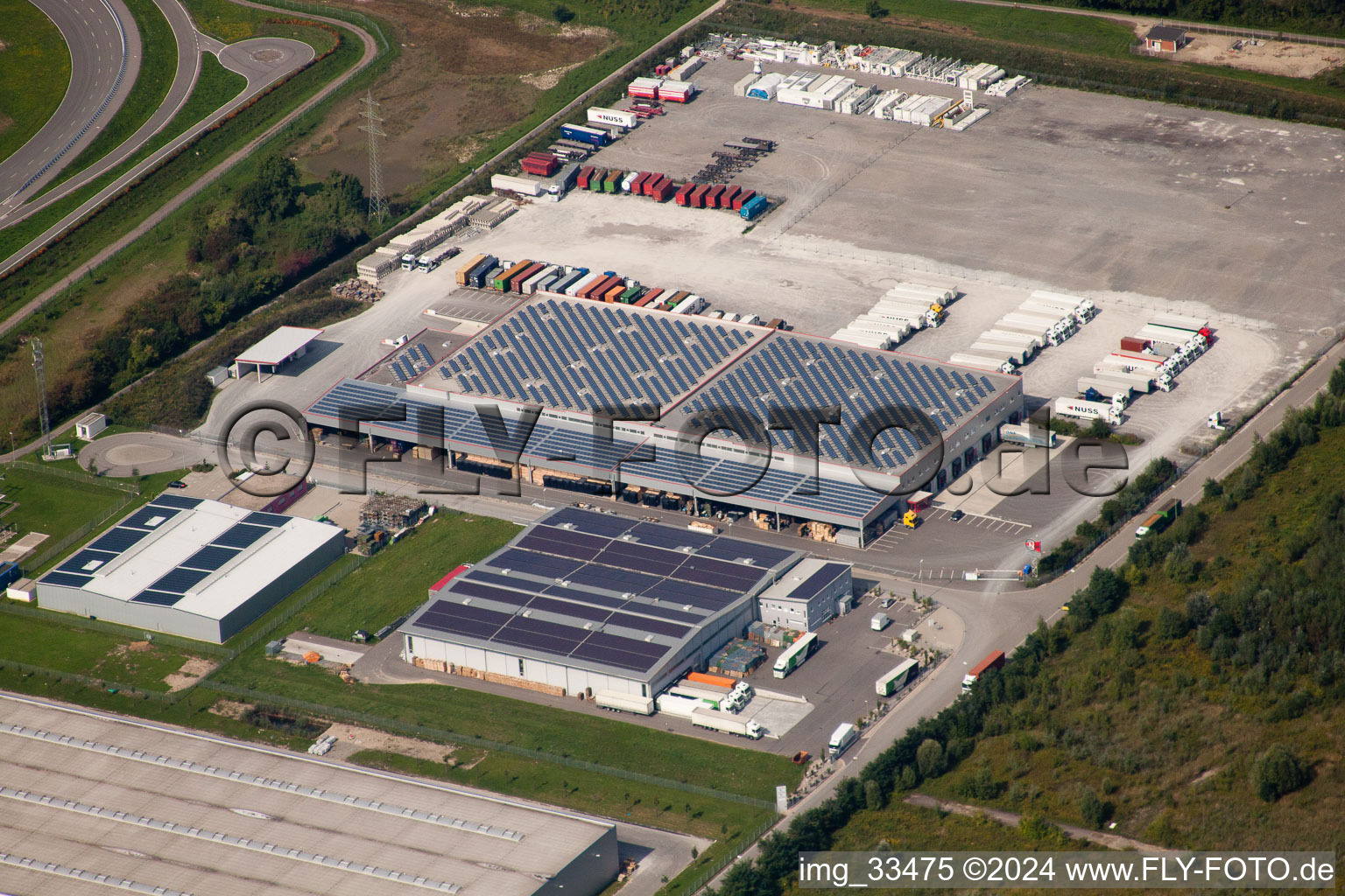 Aerial view of Oberwald industrial area, logistics companies in the district Maximiliansau in Wörth am Rhein in the state Rhineland-Palatinate, Germany