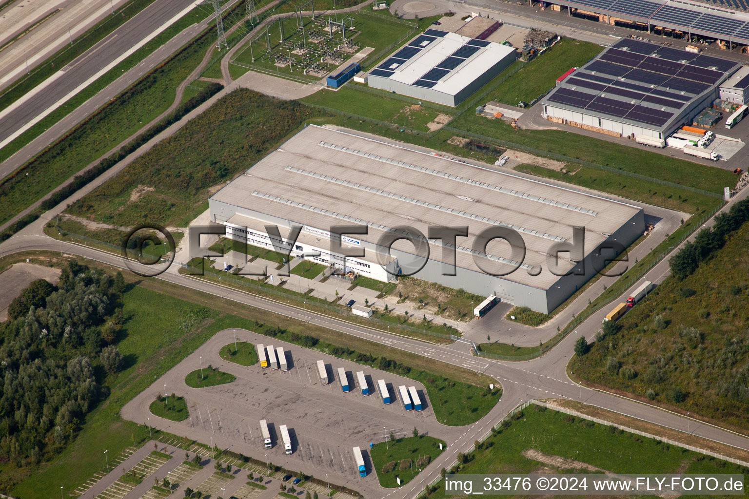 Aerial photograpy of Oberwald industrial area, logistics companies in the district Maximiliansau in Wörth am Rhein in the state Rhineland-Palatinate, Germany