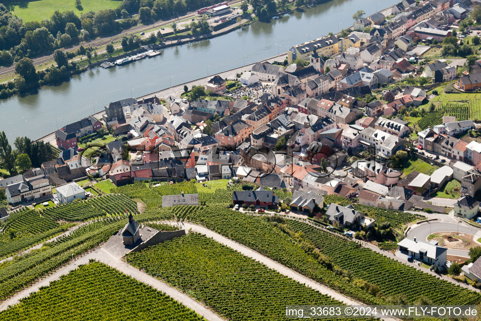 Aerial photograpy of Wormeldange in the state Greiwemaacher, Luxembourg