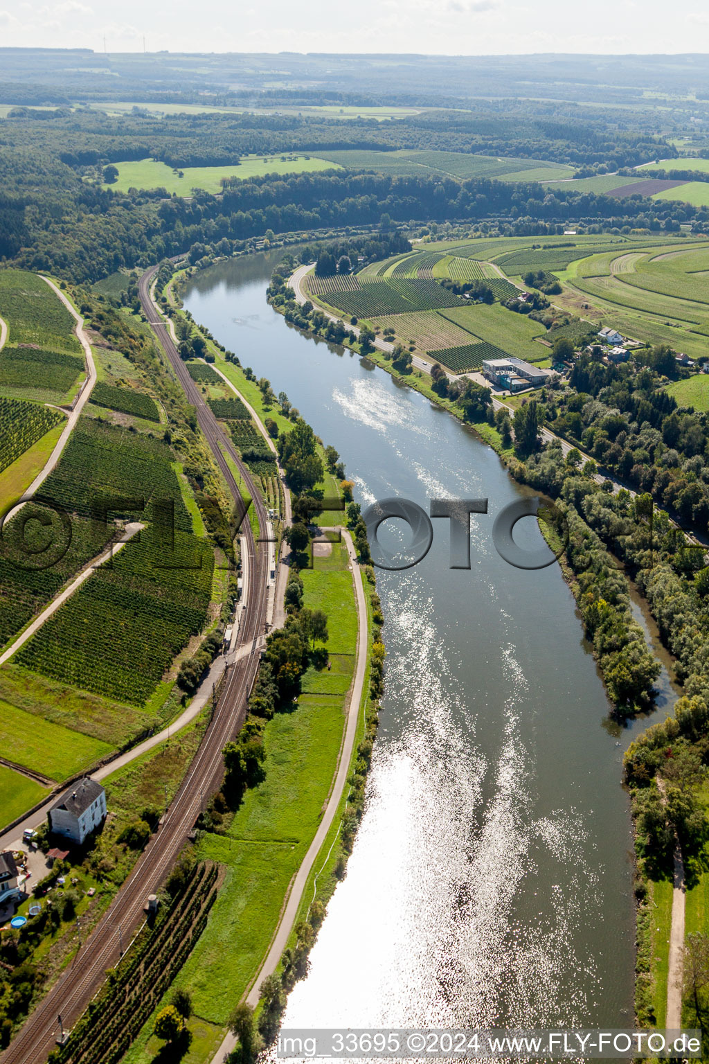 Curved loop of the riparian zones on the course of the river of Mosel between Luxembourg and Palatinat in Wehr in the state Rhineland-Palatinate, Germany