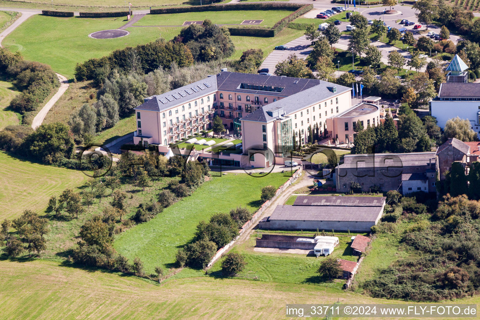 Aerial view of Complex of the hotel building Victor's Residenz-Hotel Schloss Berg and Niederburg Nennig in Perl in the state Saarland, Germany