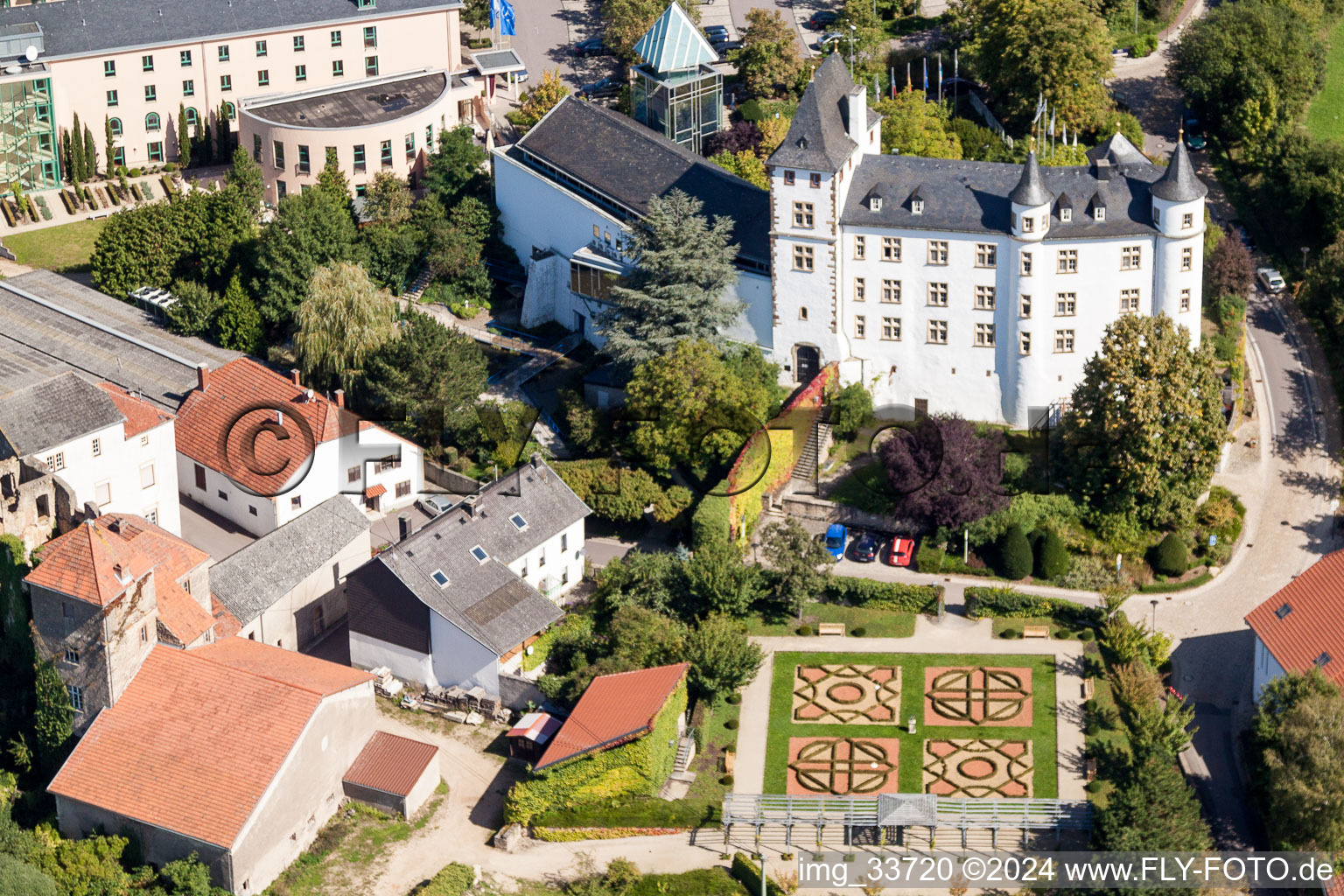Aerial photograpy of Complex of the hotel building Victor's Residenz-Hotel Schloss Berg and Niederburg Nennig in Perl in the state Saarland, Germany