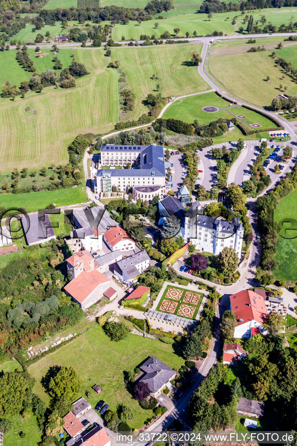 Complex of the hotel building Victor's Residenz-Hotel Schloss Berg and Niederburg Nennig in Perl in the state Saarland, Germany from above