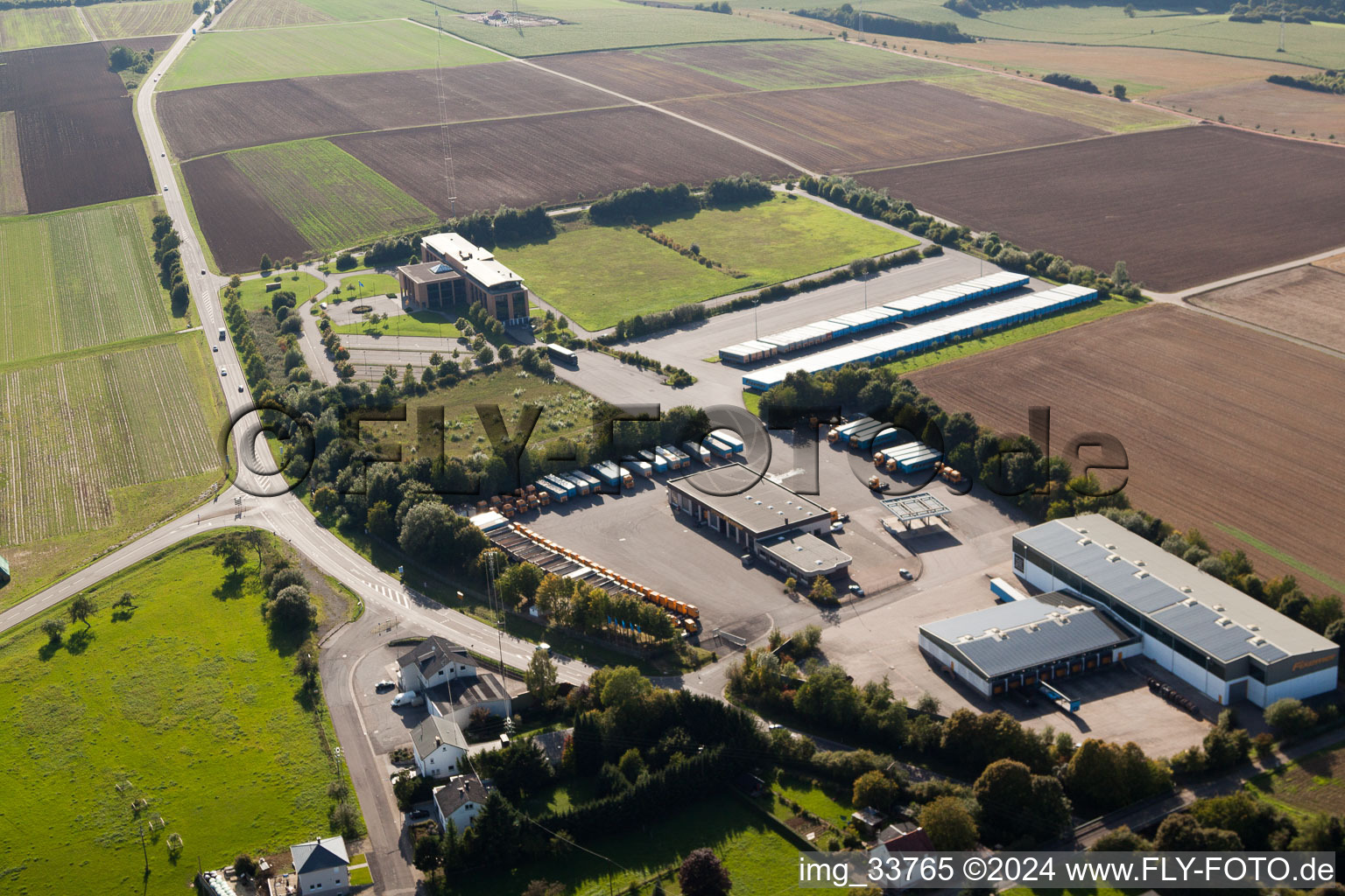 Freight forwarding building a logistics and transport company Fixemer Logistics GmbH, International Transport & Logistics Services in Perl in the state Saarland, Germany seen from above