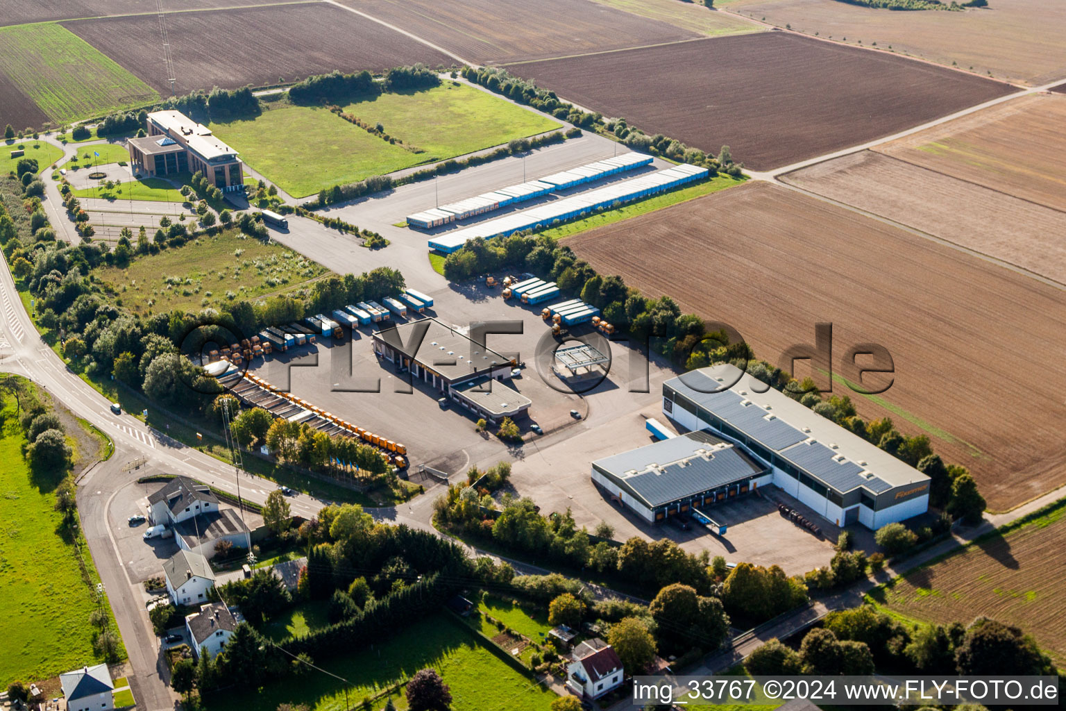 Freight forwarding building a logistics and transport company Fixemer Logistics GmbH, International Transport & Logistics Services in Perl in the state Saarland, Germany from the plane