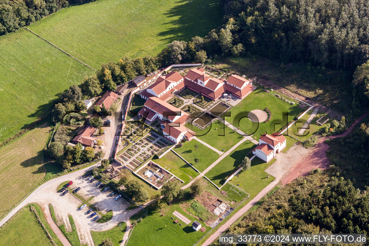 Aerial view of Exposure of archaeological excavation sites on the area of the Archaeological park Roman Villa Borg in Perl in the state Saarland, Germany