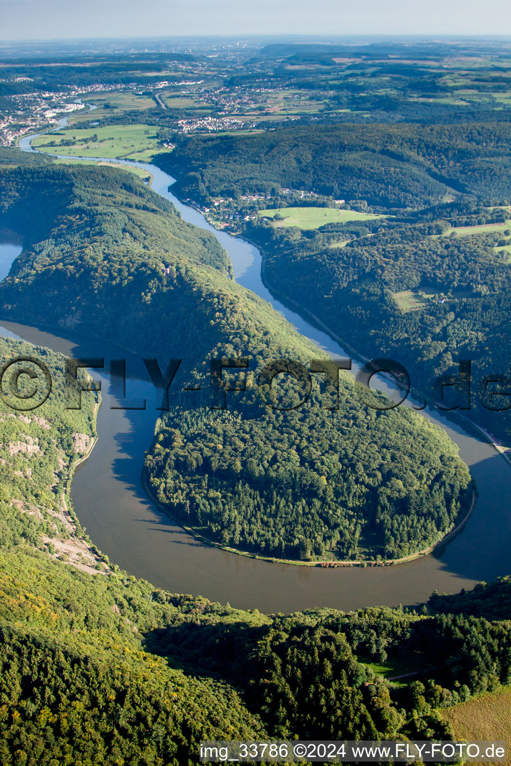 Curved loop of the riparian zones on the course of the river Saar in the district Nohn in Mettlach in the state Saarland, Germany