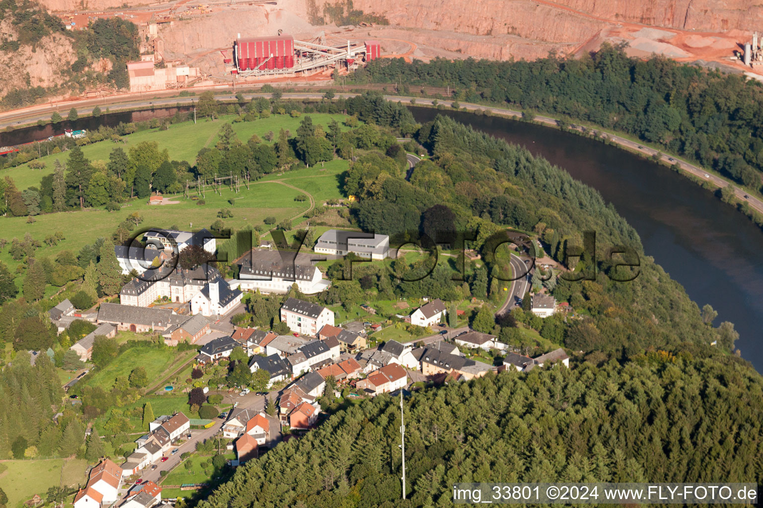 Aerial view of Village on the river bank areas of the river Saar in Taben-Rodt in the state Rhineland-Palatinate, Germany