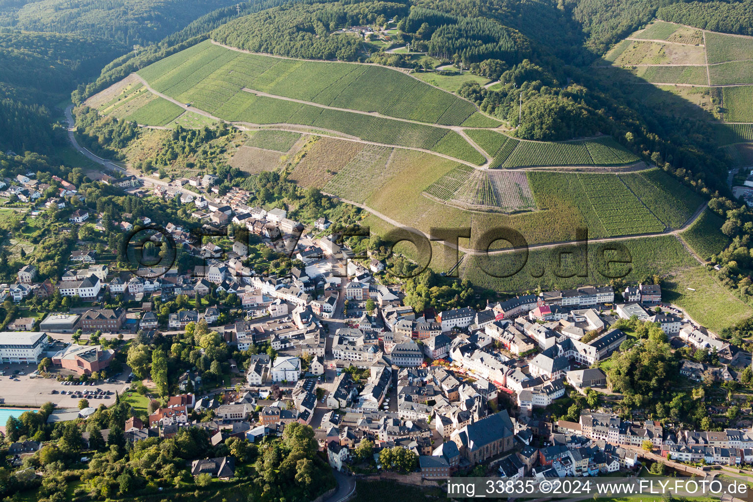 Aerial view of Village on the river bank areas of the Saar in Saarburg in the state Rhineland-Palatinate