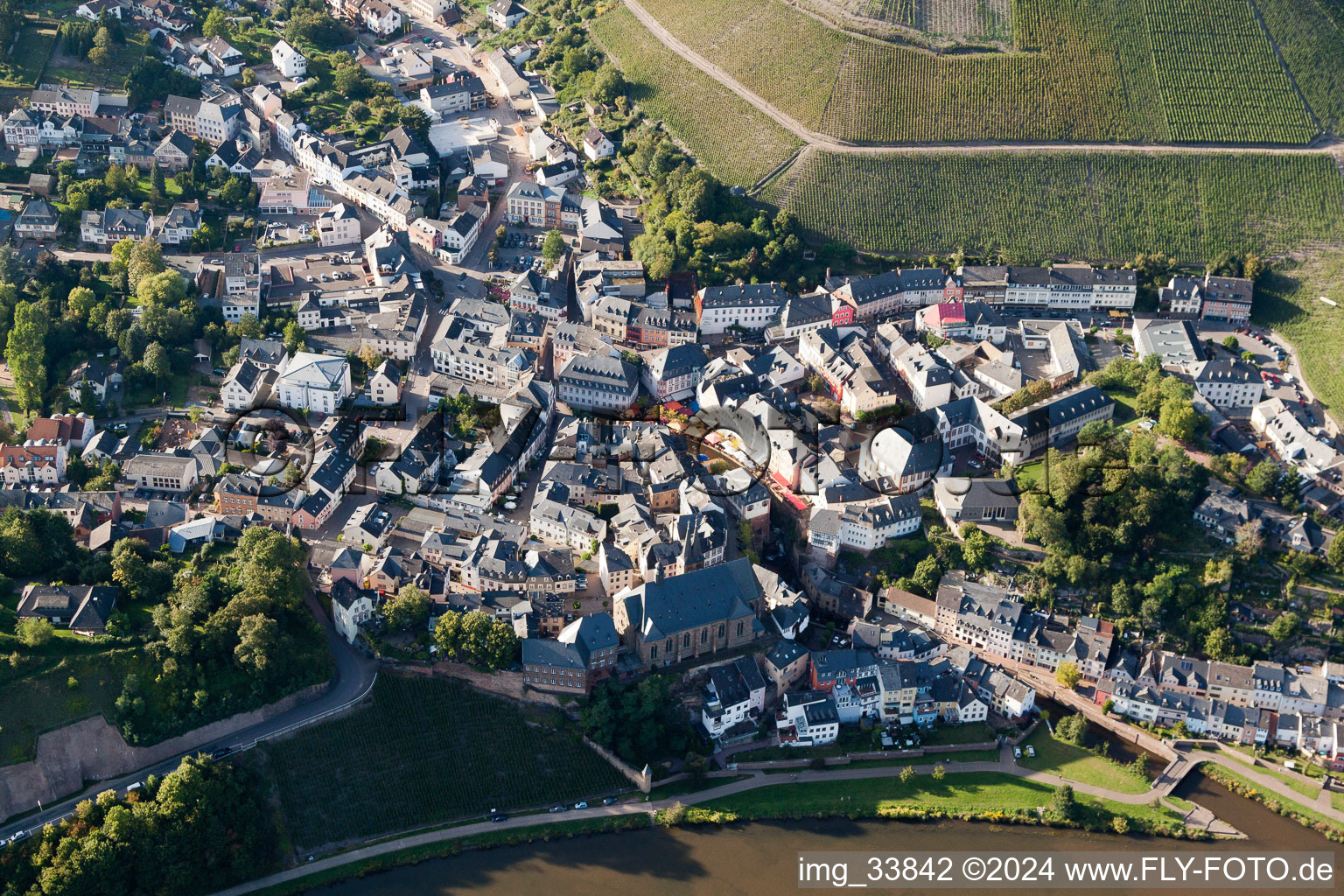 Aerial view of Village on the river bank areas of the river Saar in the district Beurig in Saarburg in the state Rhineland-Palatinate, Germany