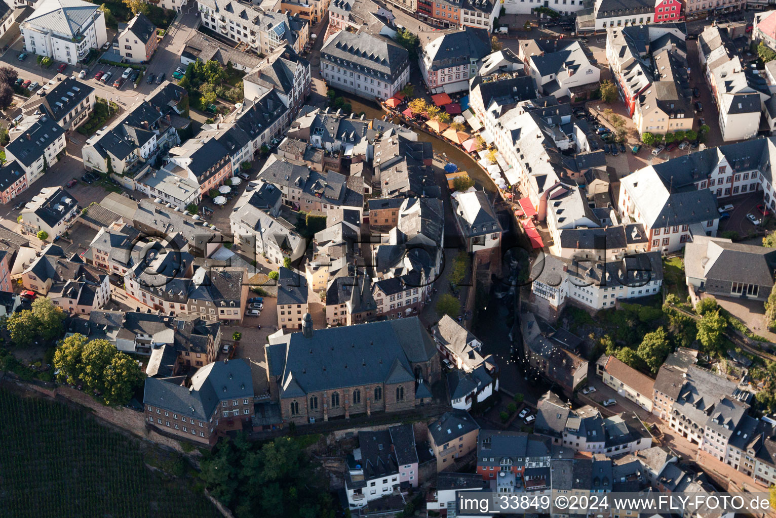 Aerial photograpy of Village on the river bank areas of the Saar in Saarburg in the state Rhineland-Palatinate