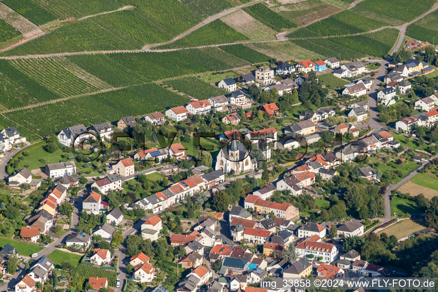 Village - view on the edge of wine yards above the Saar in Ockfen in the state Rhineland-Palatinate, Germany