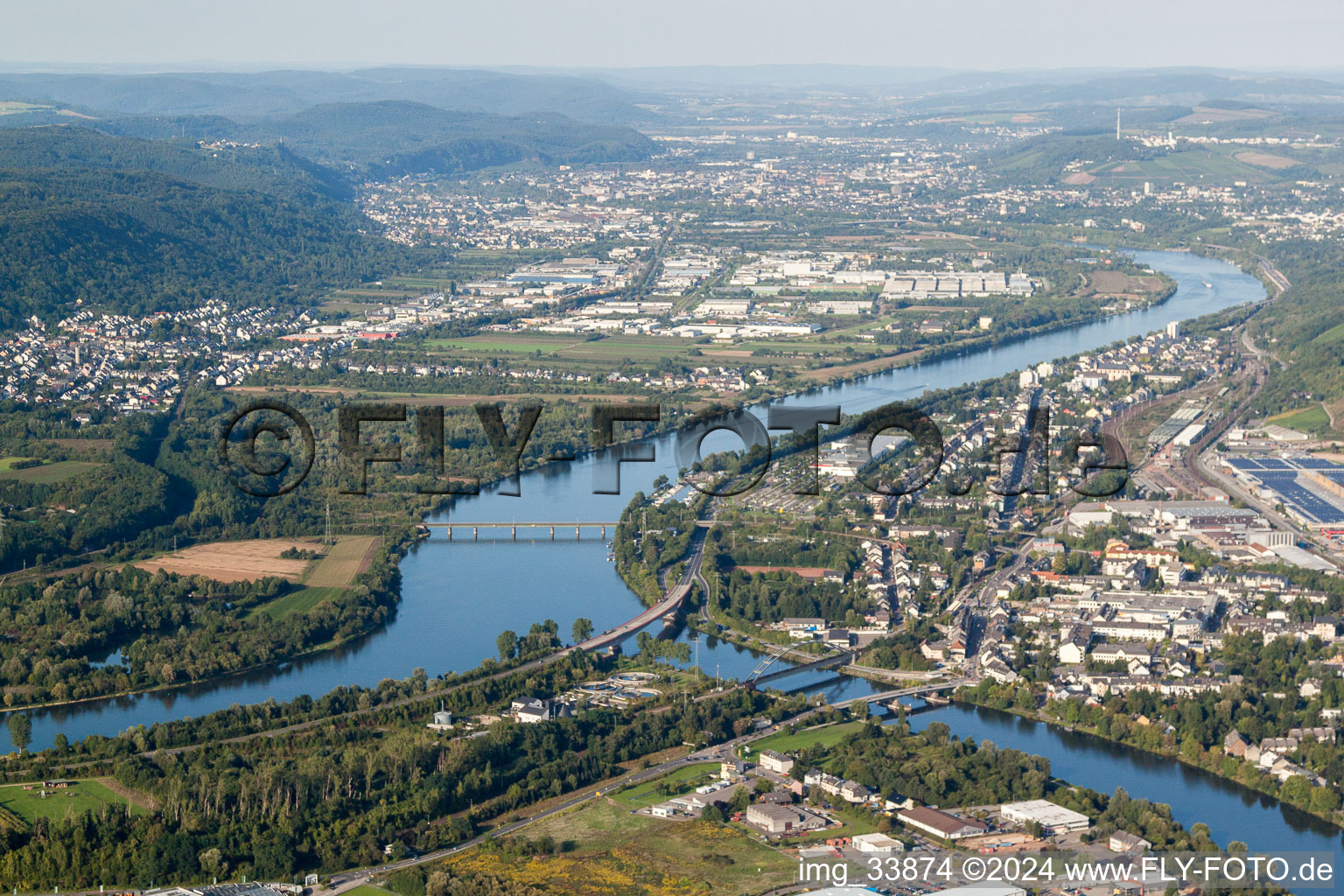 Aerial view of Saar estuary into the Moselle in Konz in the state Rhineland-Palatinate, Germany