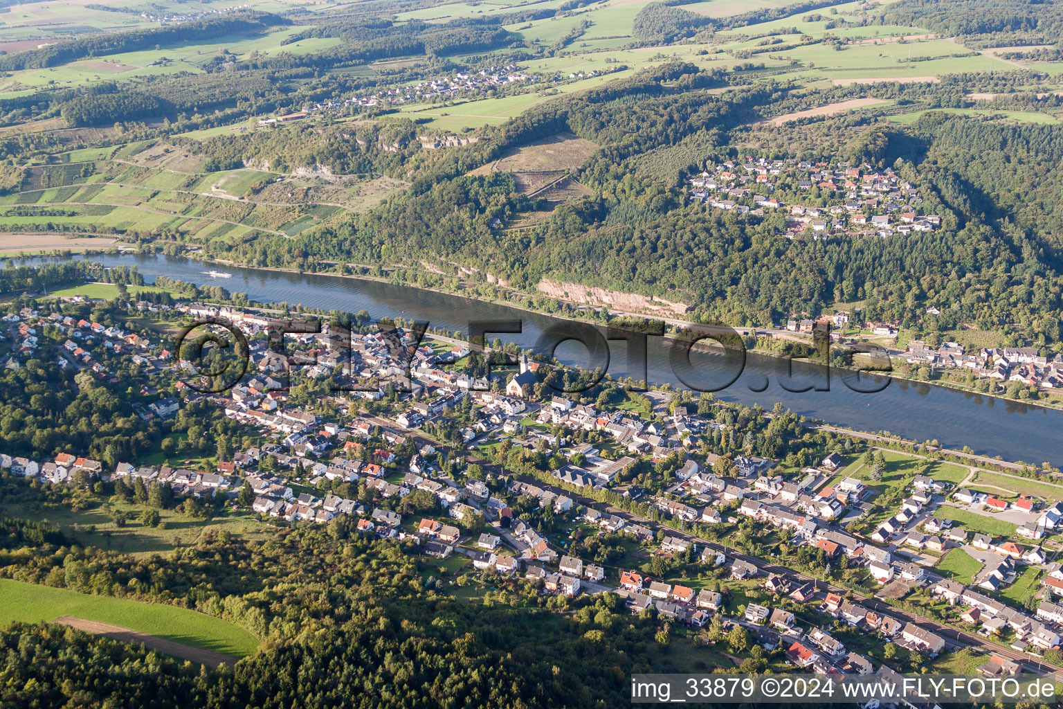Aerial view of Village on the river bank areas in Wasserliesch in the state Rhineland-Palatinate, Germany