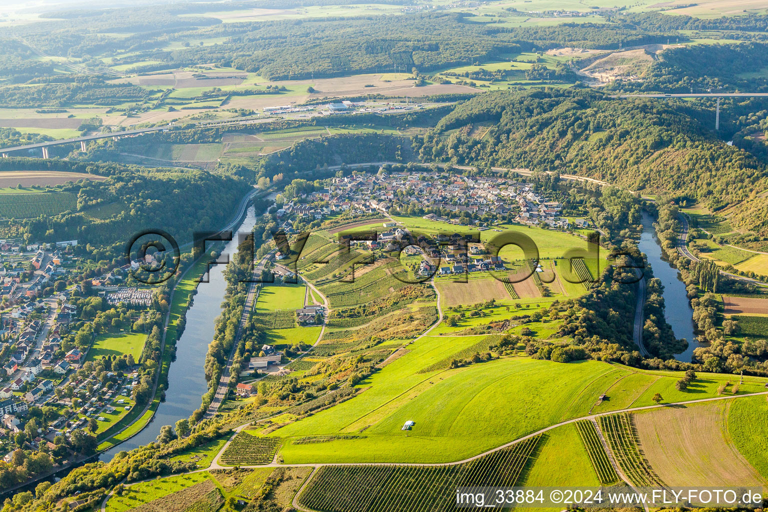 Curved loop of the riparian zones on the course of the river of Sauer on frontier to Luxemburg in the district Mesenich in Langsur in the state Rhineland-Palatinate, Germany