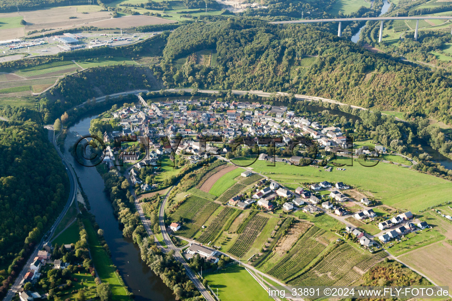 Aerial view of Curved loop of the riparian zones on the course of the river of Sauer on frontier to Luxemburg in the district Mesenich in Langsur in the state Rhineland-Palatinate, Germany