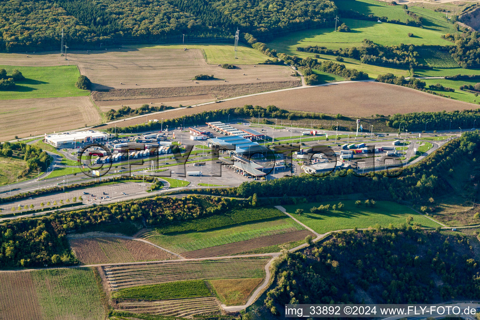 Motorway service area Aire de Wasserbillig on the edge of the course of BAB highway A1 in Mertert in Grevenmacher, Luxembourg