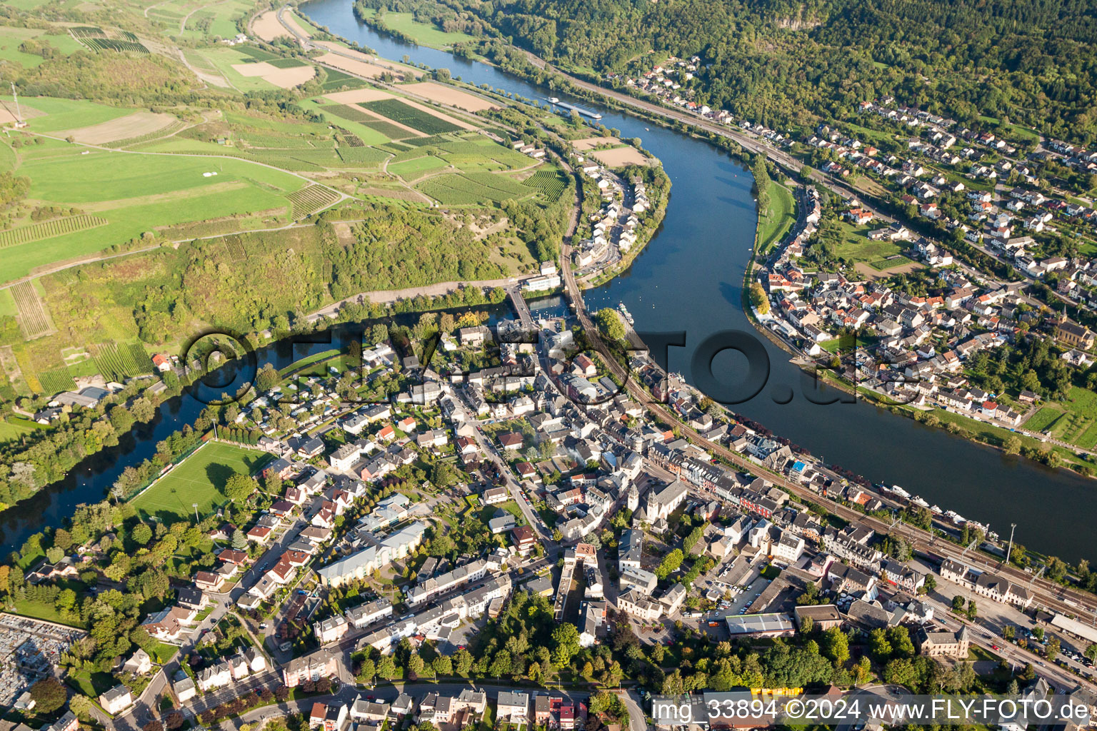 Riparian areas along the river mouth of Sauer in die Mosel in Wasserbillig in Grevenmacher, Luxembourg