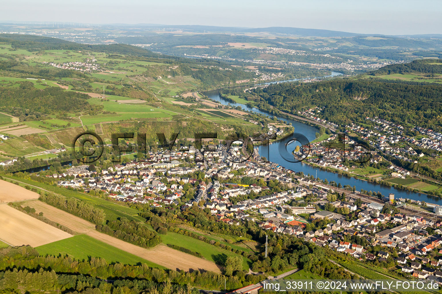 Aerial view of Riparian areas along the river mouth of Sauer in die Mosel in Wasserbillig in Grevenmacher, Luxembourg