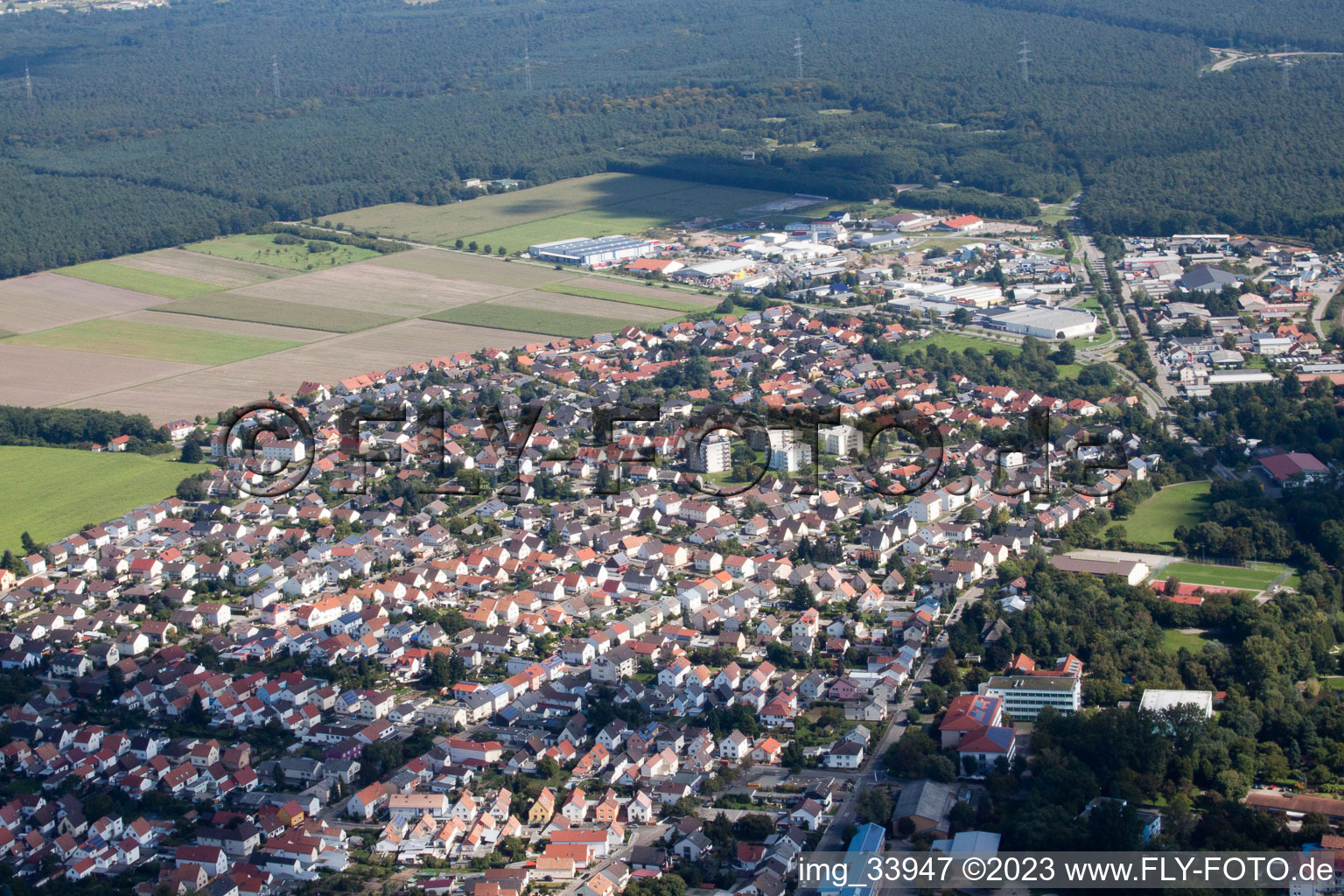 Aerial view of From the west in Bellheim in the state Rhineland-Palatinate, Germany