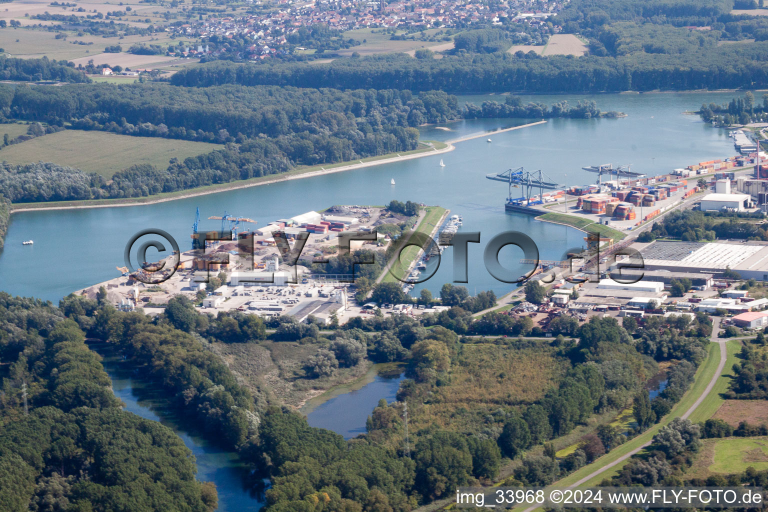Aerial view of Quays and boat moorings at the port of the inland port of the Rhine river in Germersheim in the state Rhineland-Palatinate