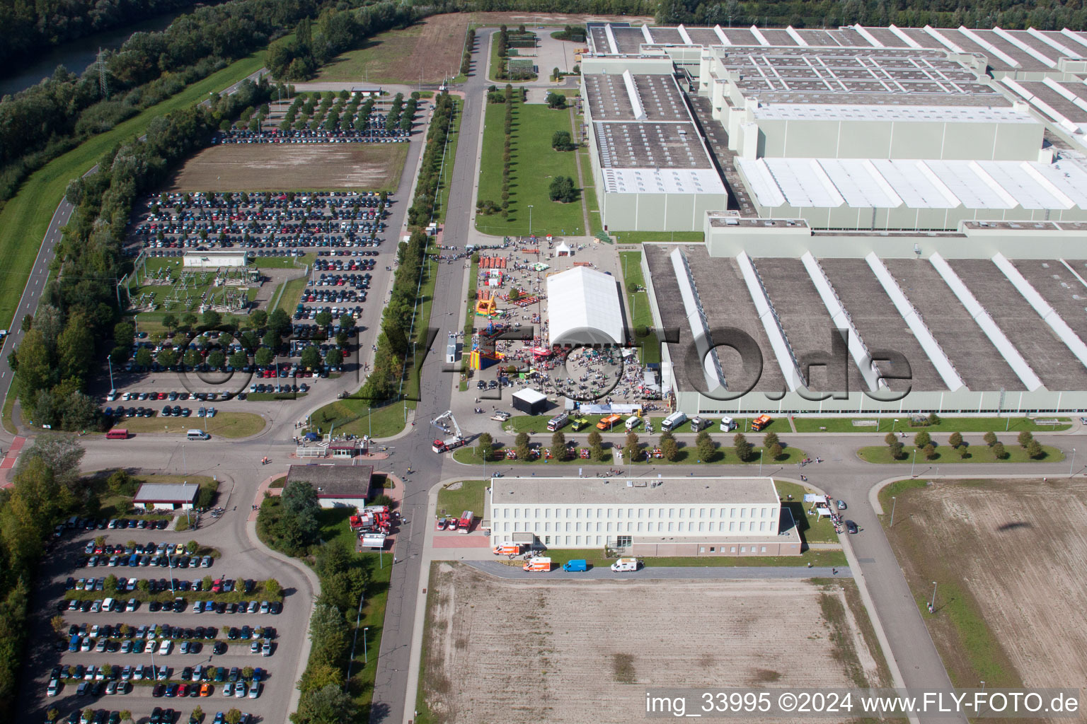 Drone image of Daimler GLC on the island of green in Germersheim in the state Rhineland-Palatinate, Germany