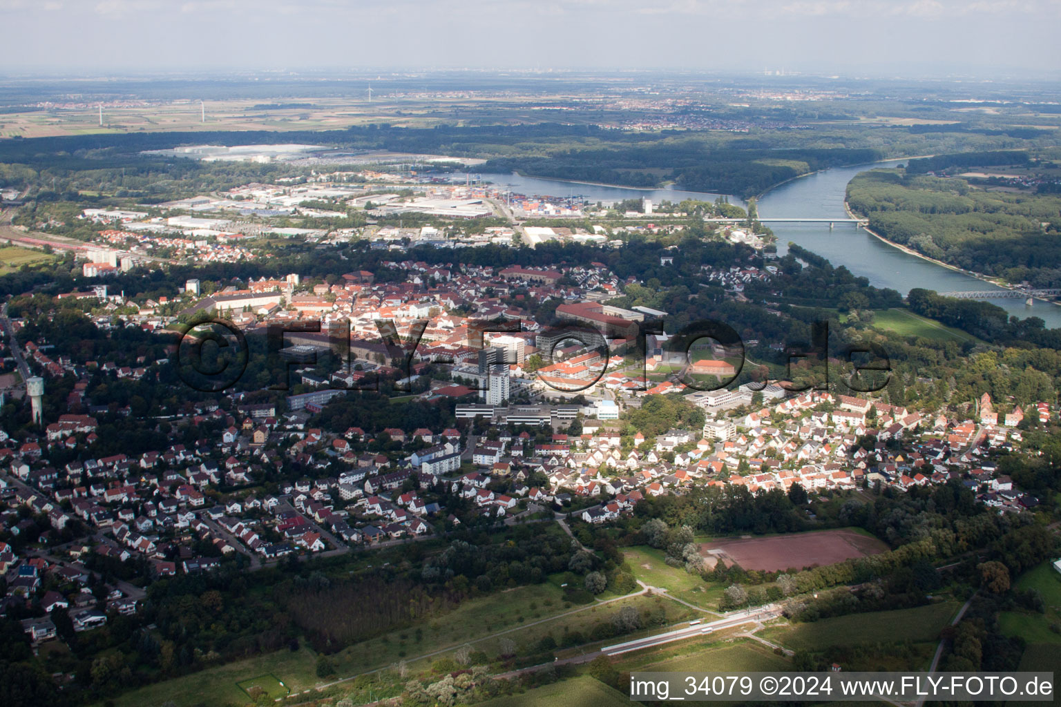 From the south in Germersheim in the state Rhineland-Palatinate, Germany from above