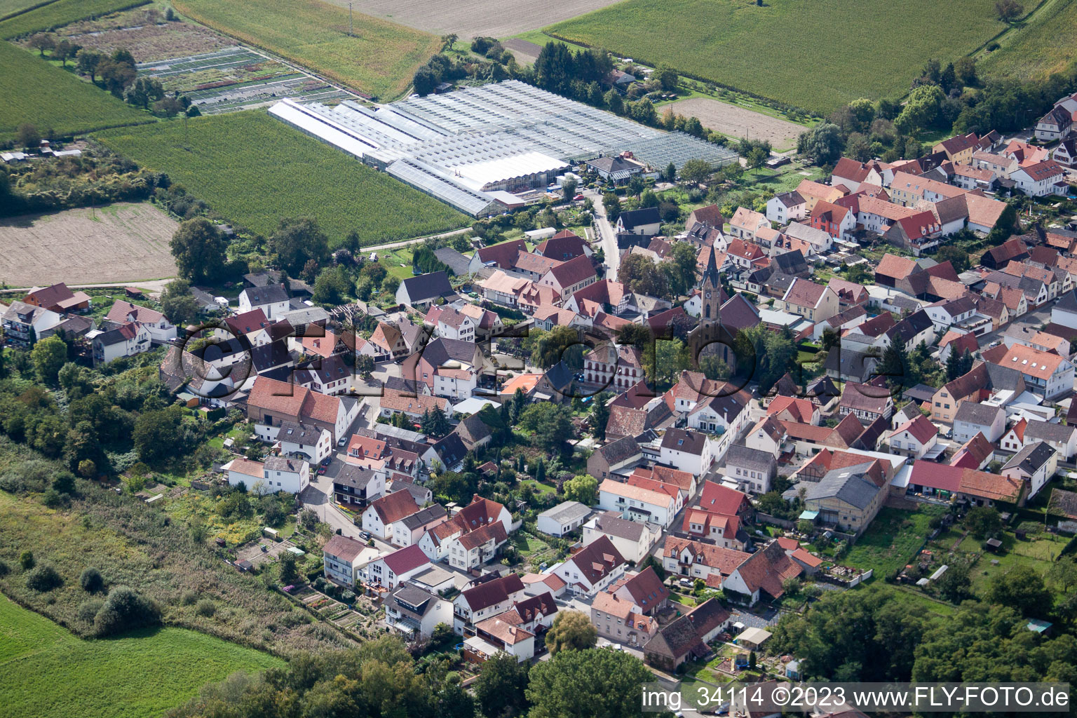 Drone recording of District Sondernheim in Germersheim in the state Rhineland-Palatinate, Germany
