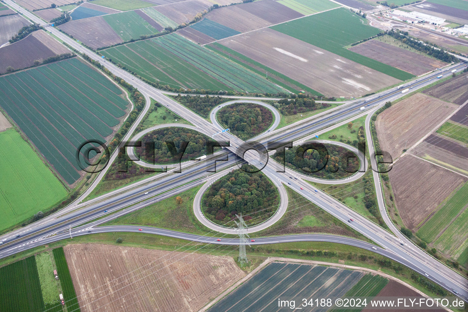 Traffic flow at the intersection- motorway A 65 und A61 in Mutterstadt in the state Rhineland-Palatinate